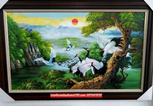 Tranh tùng hạc diễn niên tranh sơn dầu phong thủy SD79