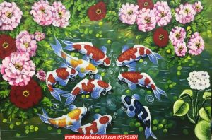 Tranh sơn dầu cá chép cửa ngư quần hôi SD084