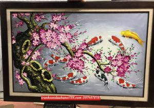Tranh hoa đào tranh sơn dầu hoa đào cá chép tài lộc SD0102