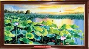 Tranh hoa sen đẹp phòng khách, tranh sơn dầu SD148