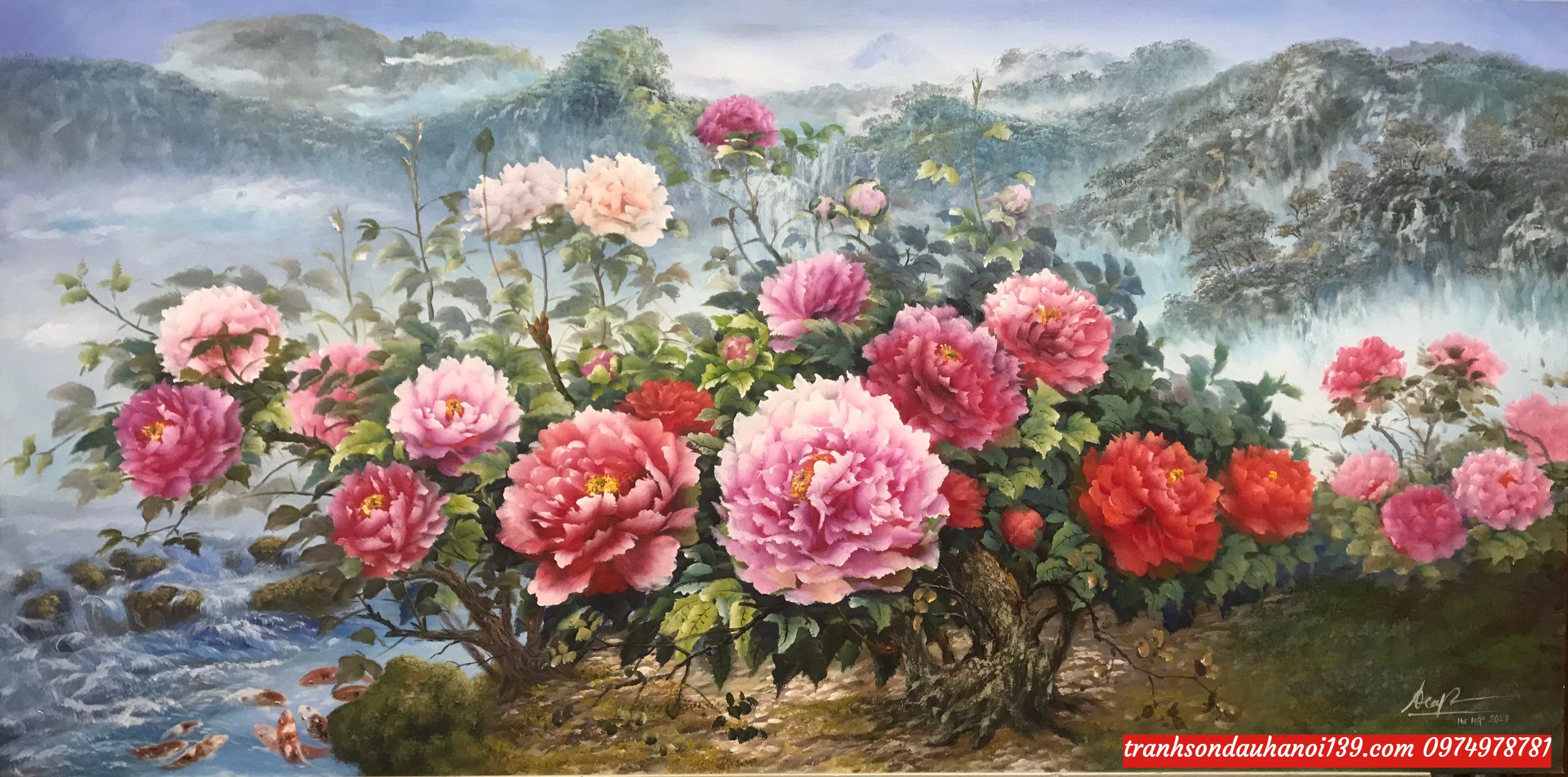 tranh sơn dầu hoa mẫu đơn