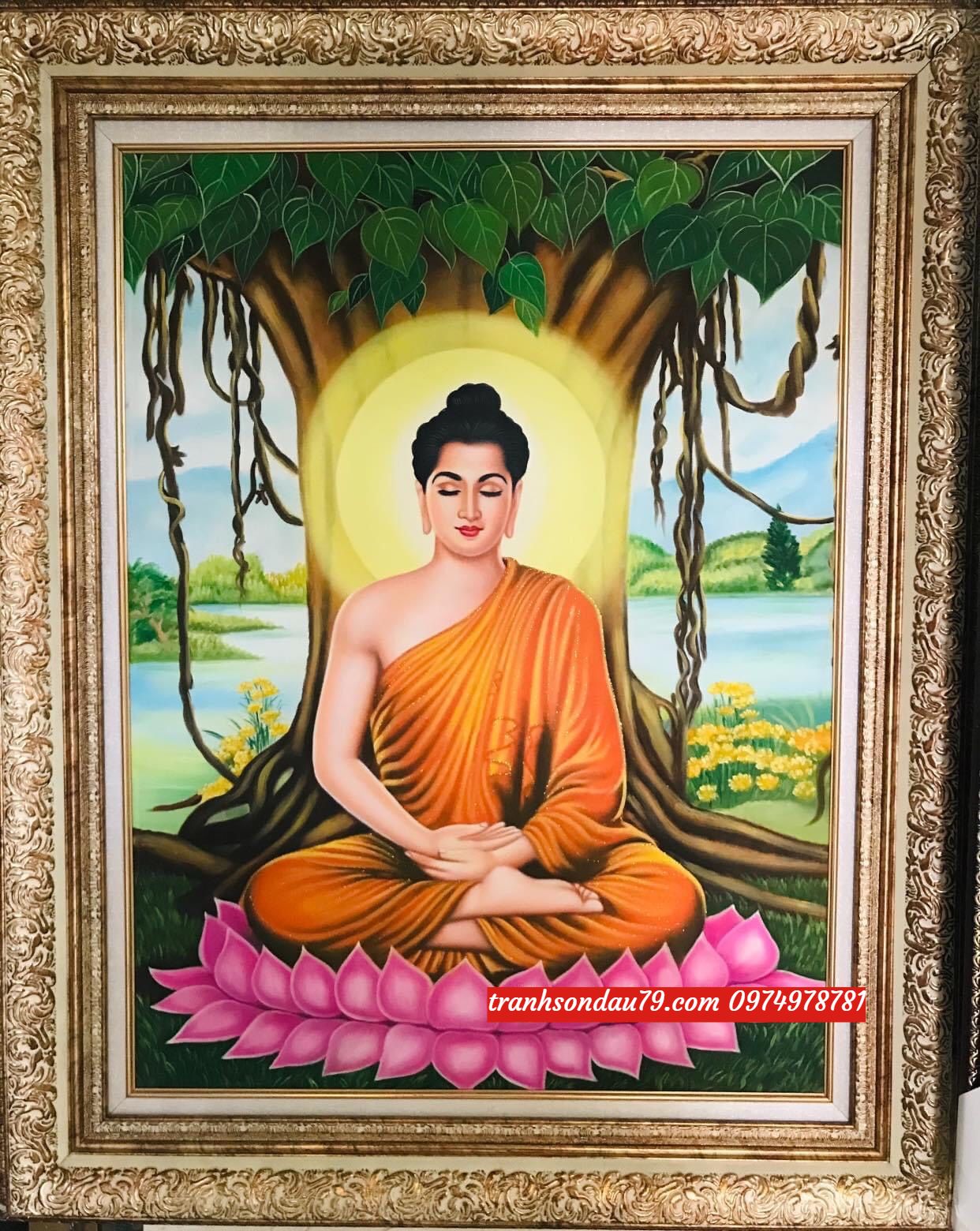tranh phật bên lá bồ đề